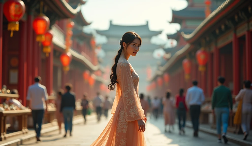 the same woman walking backwards through the streets of china