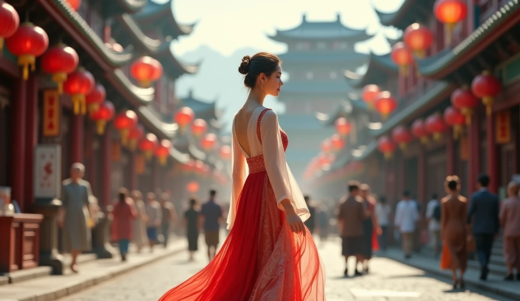 the same woman walking backwards through the streets of china