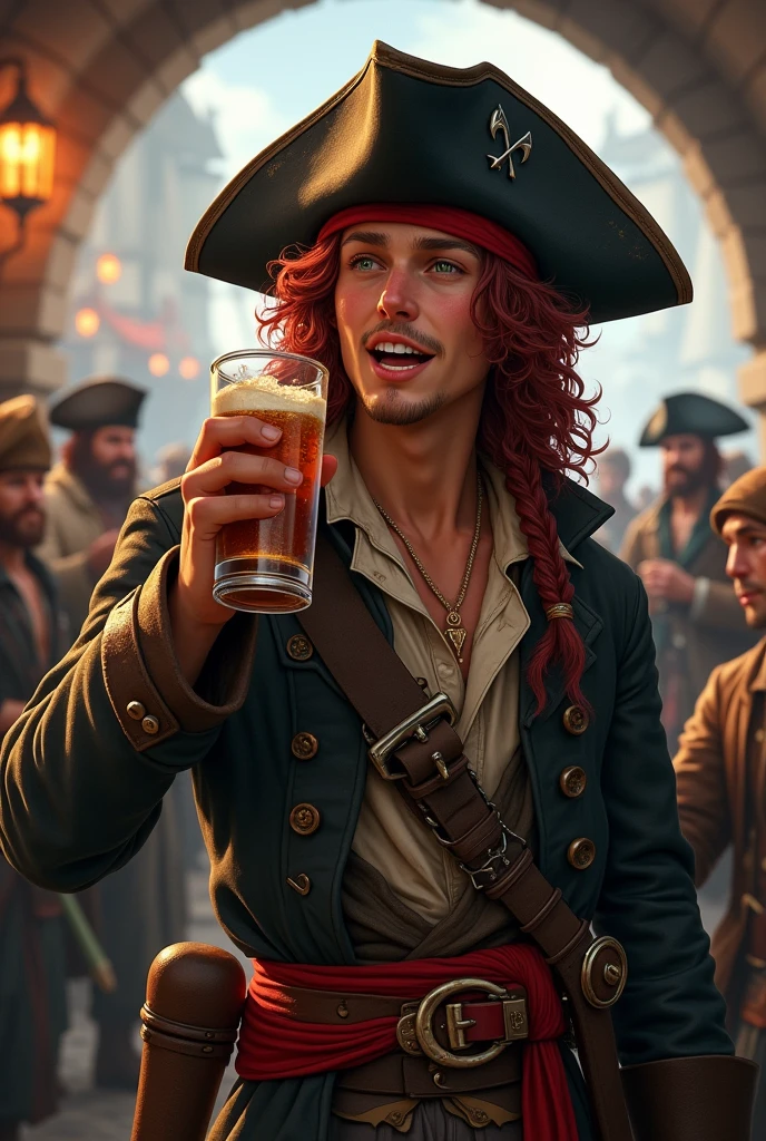 Create an image of a full human race pirate for D&D. A 20 year old pirate with long curly, garnet red hair, beardless and with dark green eyes. He wears a black leather battered hat, He wears a long, worn and old brown pirate-style trench coat, with a light shirt and a ruined vest underneath. In life he wears a red sash with a belt, above the belt two pirate sabres. He is drinking rum with other sailors in a pub with a pirate port in the background Pirate protagonist-realistic picture-excited character-no beard-20 years old character-XVI 