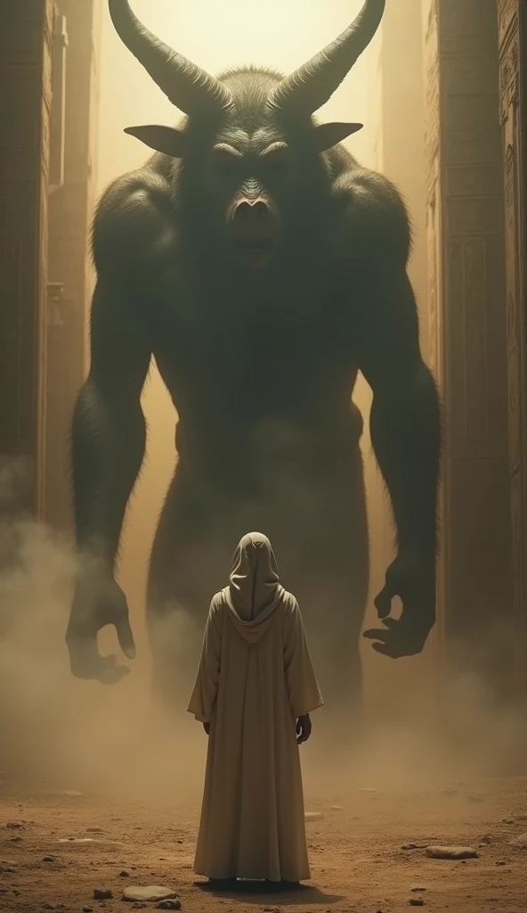 Nabi Yahya stood calmly, wearing a long white robe, in front of the devil who reveals his true nature. The face of the Prophet Yahya was full of determination even though he was surrounded by thick darkness.. A devil with a body resembling a pig and a face like an ape stood in front of Prophet Yahya, the shadow is big and scary. The dim lighting only revealed the outline of the devil's terrifying face., while behind him, The dark and cloudy atmosphere adds to the horror feel.. : epic realistic, Soft cinematic portrait, Adobe Lightroom, photographic lab, highy detailed, (light colors: 1,2), (HdR: 1,4) , (subdued colors:1.2), hyperdetailed, (art-station:1.4), cinemactic, warm lights, dramatic light, (details Intricate:1.1), ancient egypt background , best quality