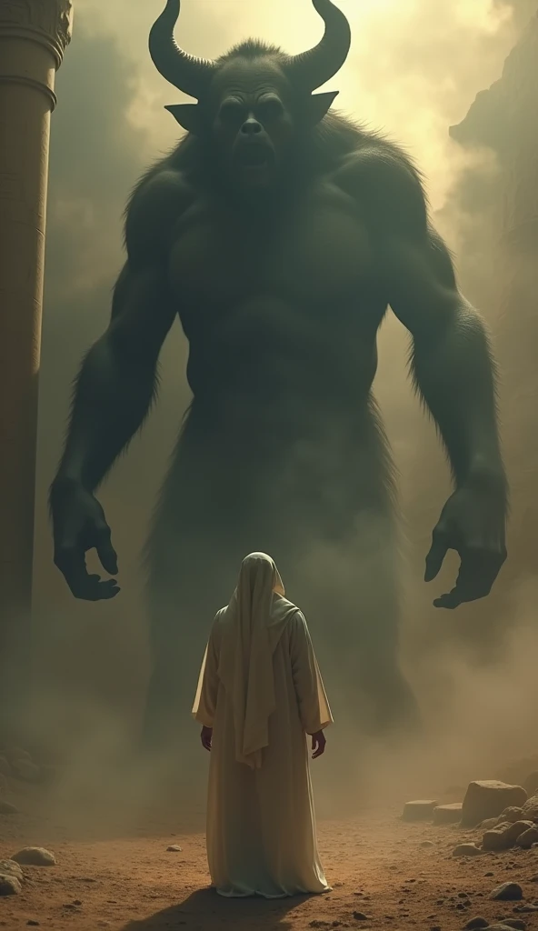 Nabi Yahya stood calmly, wearing a long white robe, in front of the devil who reveals his true nature. The face of the Prophet Yahya was full of determination even though he was surrounded by thick darkness.. A devil with a body resembling a pig and a face like an ape stood in front of Prophet Yahya, the shadow is big and scary. The dim lighting only revealed the outline of the devil's terrifying face., while behind him, The dark and cloudy atmosphere adds to the horror feel.. : epic realistic, Soft cinematic portrait, Adobe Lightroom, photographic lab, highy detailed, (light colors: 1,2), (HdR: 1,4) , (subdued colors:1.2), hyperdetailed, (art-station:1.4), cinemactic, warm lights, dramatic light, (details Intricate:1.1), ancient egypt background , best quality