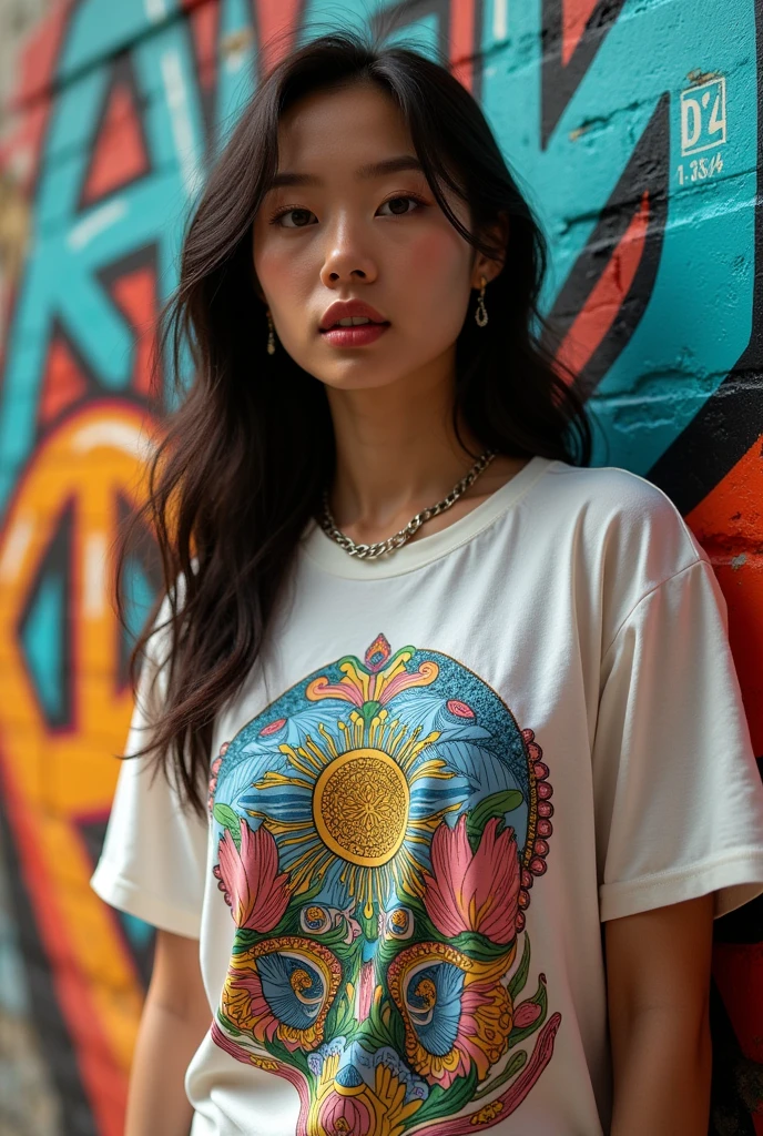 Asian model) wearing a variety of (stylish printed t-shirts), showcasing colorful patterns and designs, dynamic poses highlighting each shirt's unique style, set against a (vibrant urban background) with graffiti art, (high contrast lighting) illuminating textures, (fashion-forward) ambiance, (4K ultra-detailed) image quality, infinite summer vibes, blending serious fashion and energetic expression.