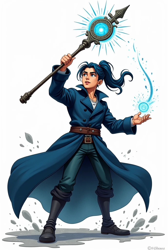 traditional comic art. d&d, young man magician, Bblack hair, Bun hair, dark blue overcoat, wizard&#39;s staff, traditional comic art. No Background Heroic Poses Dramatic Light and Shadow, fundo branco
