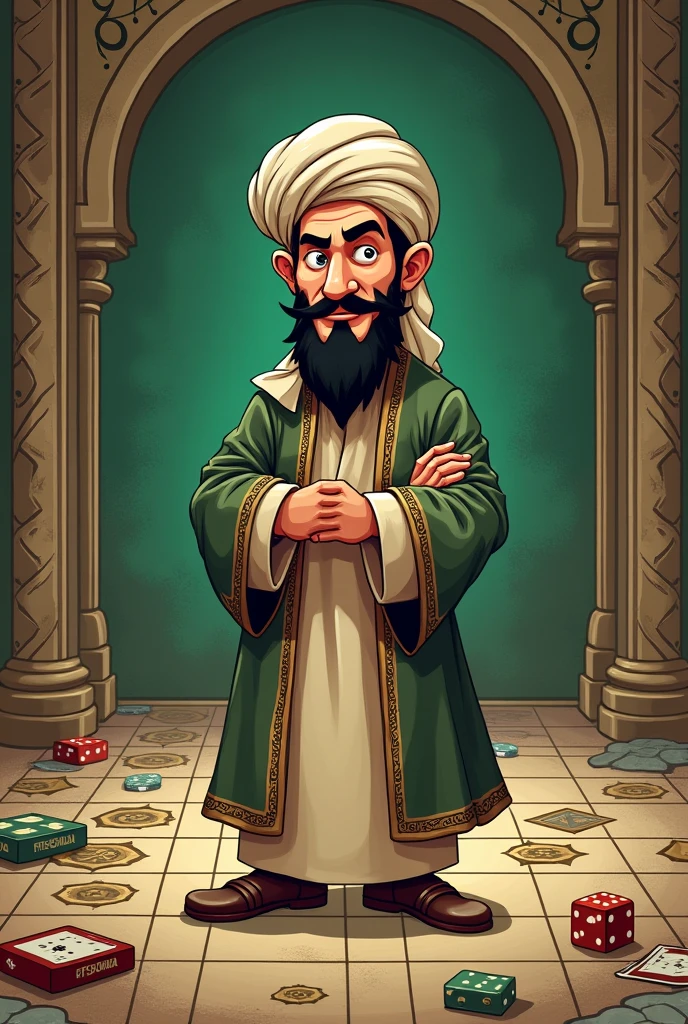 Avicena in cartoon board game mafia style in dark beige and green background 