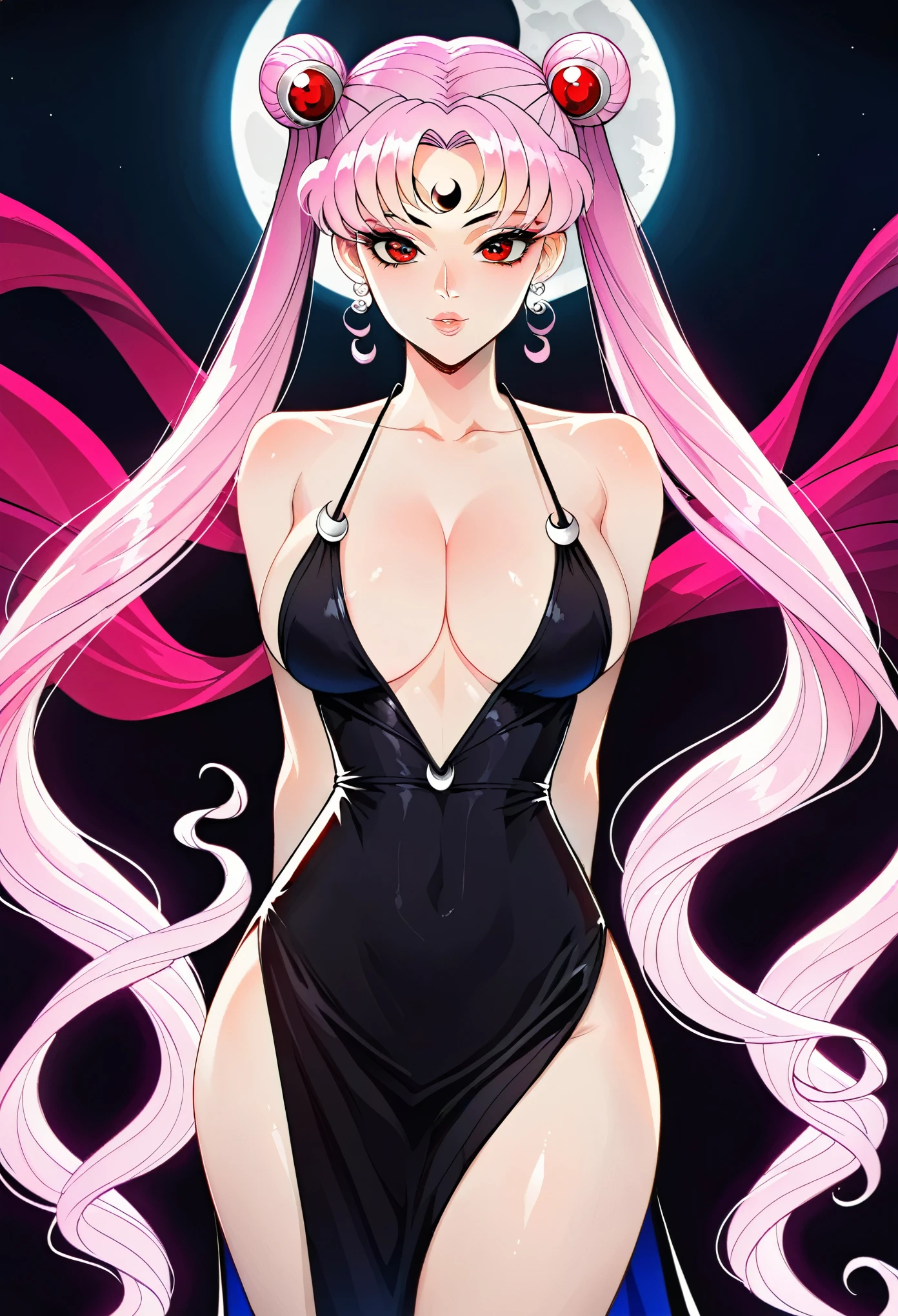 Wicked Lady from Sailor Moon, pink hair, red eyes, ulzzang, black background, ((black half moon tattoo on forehead)), standing, contrapposto, slim thighs, perfect breasts, arms behind back, ulzzang, long eyelashes, small nose, full lips, porcelain skin, natural lighting, warm color palette, chiaroscuro lighting, dramatic shadows, sensual, alluring, mature themes, artistic, dreamlike, ethereal, arms behind back, sideboob, cleavage, looking at viewer, long black dress, cleavage, twin tails, 
