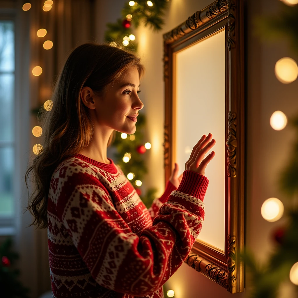 A cozy Christmas scene in a warmly lit room with a young woman gently touching a vertical DIN A-sized frame. The frame is adorned with festive decorations like pine garlands and twinkling fairy lights. The woman is dressed in a Christmas sweater, smiling warmly as she touches the edge of the frame without obstructing the view of the blank canvas inside