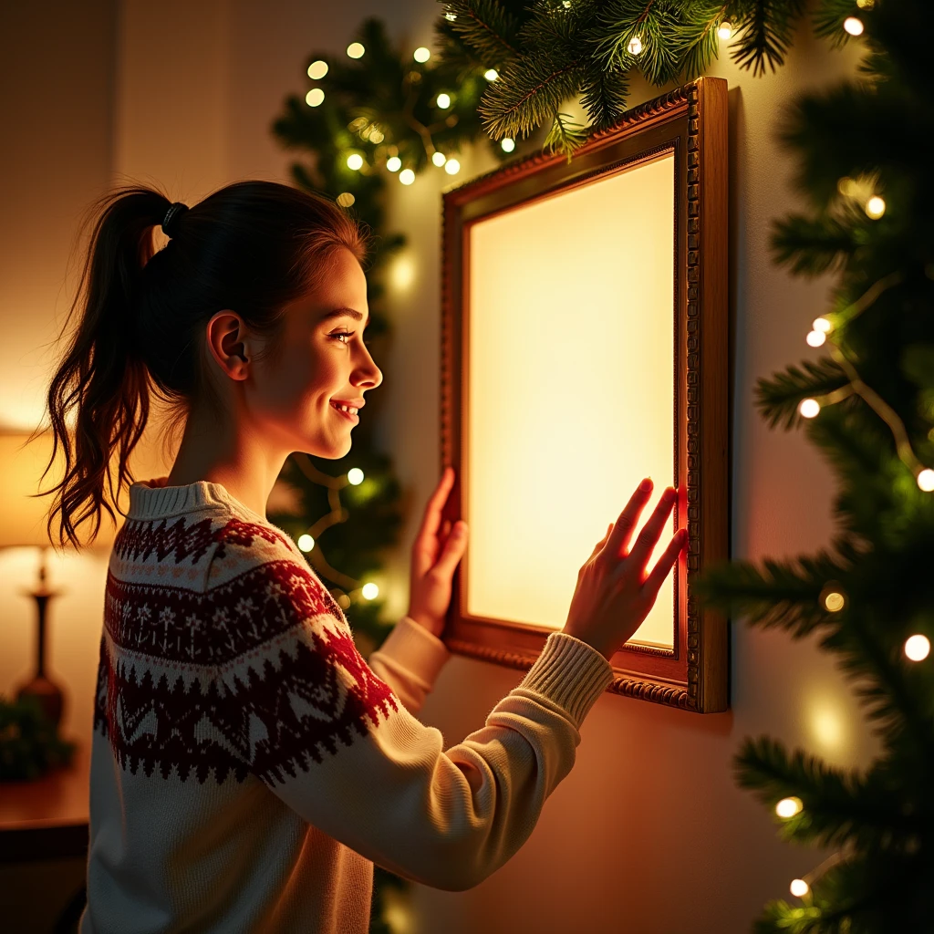 A cozy Christmas scene in a warmly lit room with a young woman gently touching a vertical DIN A-sized frame. The frame is adorned with festive decorations like pine garlands and twinkling fairy lights. The woman is dressed in a Christmas sweater, smiling warmly as she touches the edge of the frame without obstructing the view of the blank canvas inside