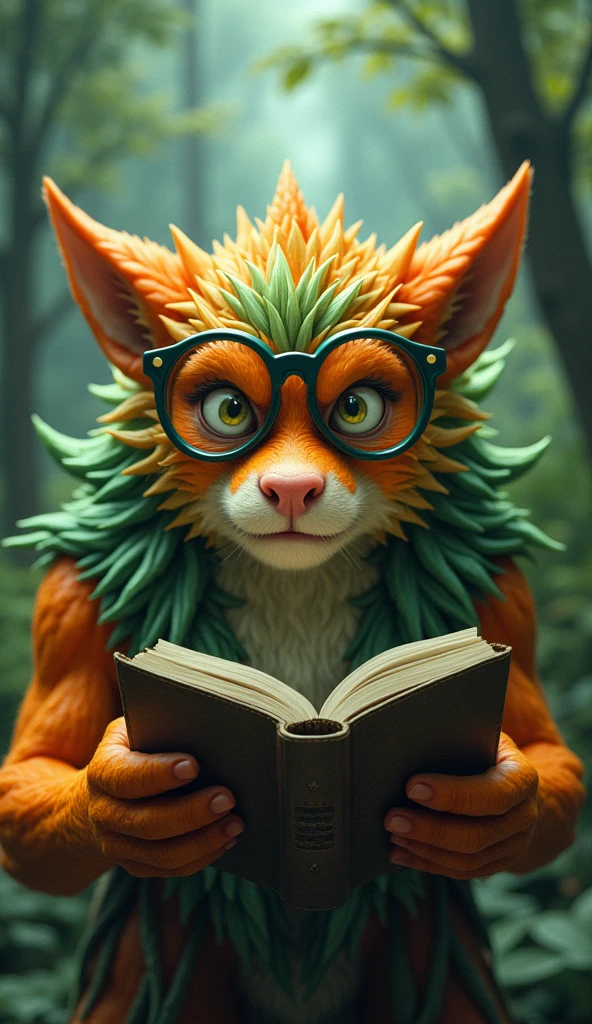 Un animal en gros plan feroce imaginaire orange et vert avec des lunettes qui raconte une histoire devant une caméra dans une foret
