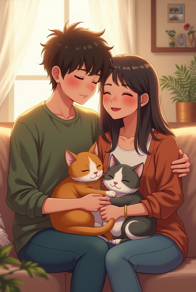 Cute couple with two cats