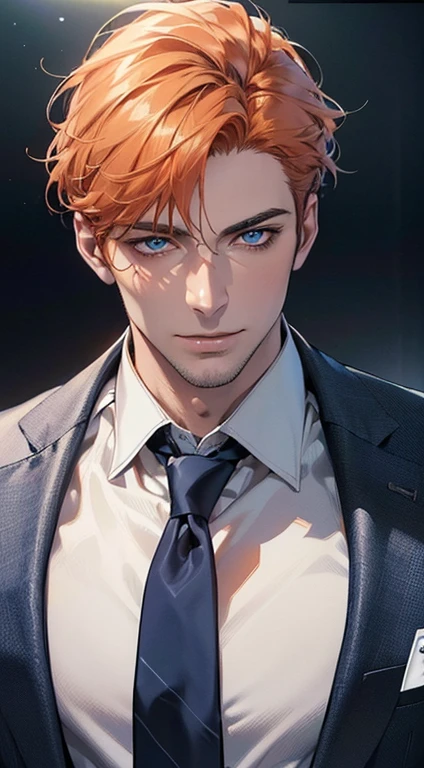 (best quality,4k,8k,highres,masterpiece:1.2),ultra-detailed,(realistic,photorealistic,photo-realistic:1.37),1 man,3,mature man,very handsome,without expression,smile,short orange hair,blue eyes,penetrating gaze,perfect face without errors,imposing posture,businessman,office background,cinematic lighting,hdr image