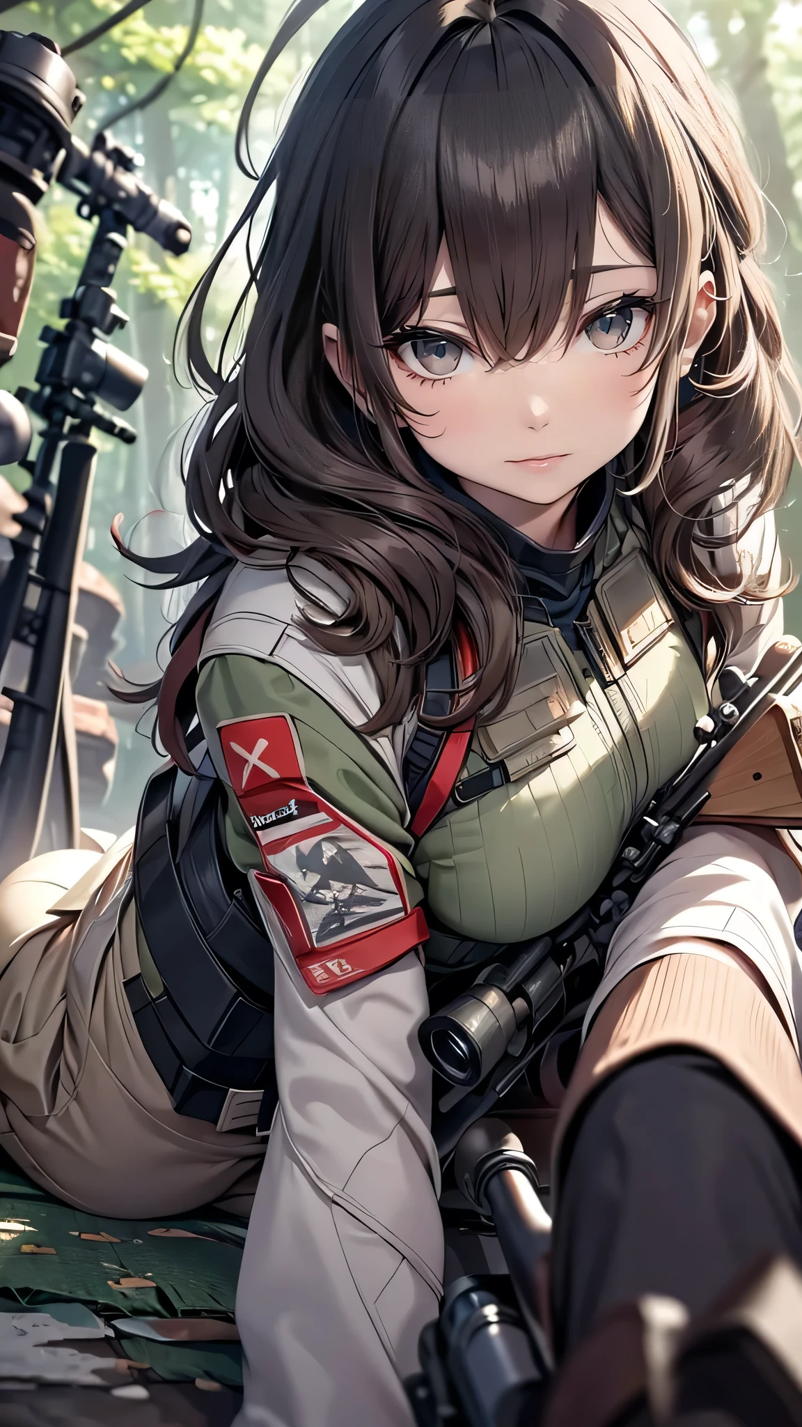 (masterpiece),(Highest quality),(High resolution),(Very detailed),One Woman,4,Mature Woman,Japanese,Black Hair,Short Bob,Beautiful Eyes,Long eyelashes,Beautiful Hair,Beautiful Skin,strict,whole body,break(((aim at something with a sniper rifle))),((View the sights))(Lying down),((Sniper Rifle)),Army Camouflage Uniform,Bulletproof vest, Combat Boots, Tactical Forster,Tactical Headset,(The background is a dense forest),(((Background Blur)))