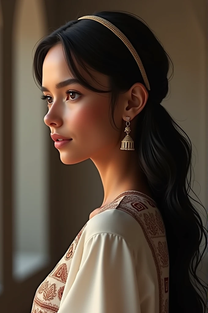 A side profile of a young woman with a mixed French and Bolivian heritage, featuring smooth, tan skin. She has long, dark, wavy hair that cascades down her back, adorned with a small woven headband, reflecting her Bolivian roots. Her facial features are a blend of European and Indigenous Andean characteristics: high cheekbones, a slightly pointed nose, and full lips. She wears a modern, elegant blouse with subtle ethnic patterns, showcasing a fusion of both cultures. The background is softly blurred, focusing on her profile, highlighting her calm and confident expression."

This prompt creates a nuanced image capturing the blend of cultures and the elegance of the subject