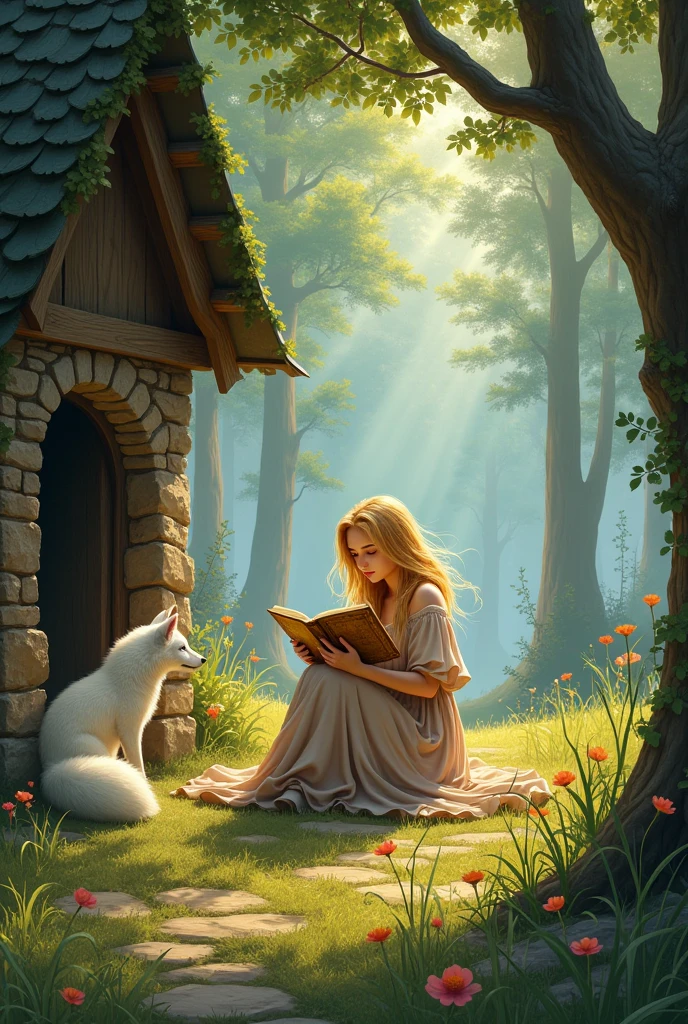 In a distant mysterious forest，There is a clearing illuminated by the sun，Surrounded by old and tall trees，Their leaves sway gently in the breeze，Make a rustling sound。In the open field，Colorful wildflowers compete to bloom，Exudes a faint fragrance。

In the center of this open space，There is a small house made of natural stones and branches.，Its door is open，A young woman is sitting on the threshold，Holding a yellowed old book in hand。Her hair falls like a waterfall，Shining with golden light，It forms a sharp contrast with the surrounding green。Her eyes are deep and bright，As if he could see through all the secrets of the world。

The woman&#39;s side，A little white fox sits quietly，Its eyes curiously survey the world around it.。Whenever a woman turns the pages of a book，The little fox will gently wag its tail，Seems to be looking forward to the continuation of the story。