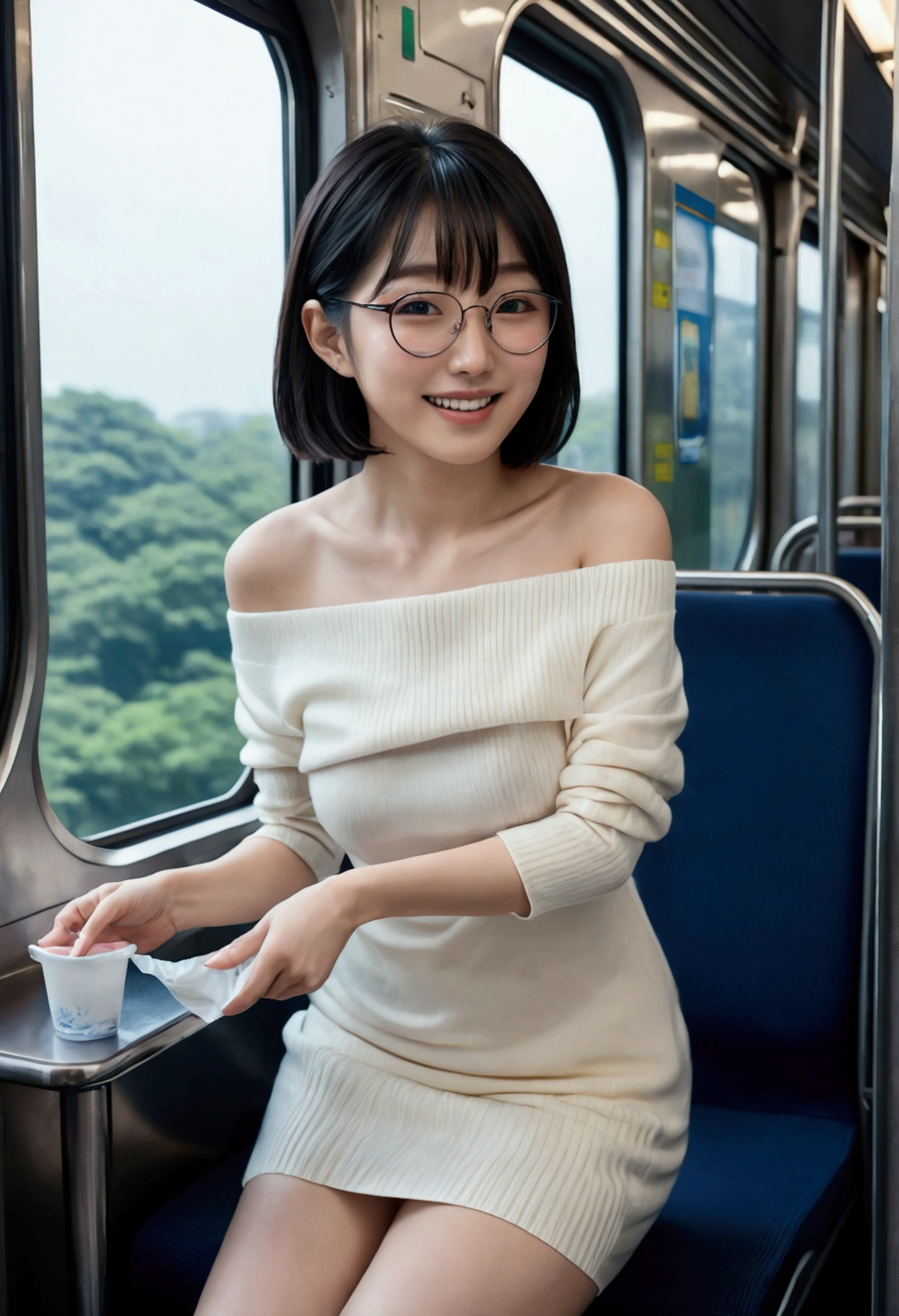 ((Woman taking off her panties on the train))、Super huge 、View your audience、((Japanese people々))、((White off-the-shoulder knit mini dress))、(Her skirt is rolled up)、Grin、(Black-haired)、Bowl cut hairstyle and round bangs frame glasses、Great style、beautiful girl1people々、(Trying to pull down her panties、Fingers are inside the panties)、Fair skin、cute、Embarrassing、A faint smile、Super beautiful people々、Inverted up、((Delicate photo)),(Detailed RAW photos of girls), (Tabletop:1.25), (Highest quality:1.6), (Ultra-high resolution:1.5), (Realistic:1.75), 8K resolution, Canon EOS R5, 50mm, absurdes, Super detailed,Cinema Lighting,(I look down and cry)、Dripping skin、(((Blushed)))、View your audience、Woman grabbing her panties、was scary、Sweaty、Detailed cute panties、Detailed fingers、Correct finger、Correct limbs、Correct limbs、Pay attention to the butt、Shooting from below、
