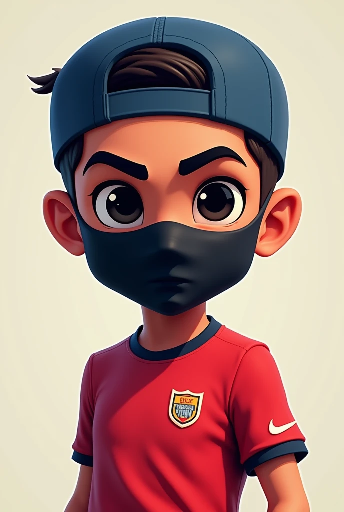Free fire character cartoon style man, dark blue backwards cap, eye all black, black mask, and dressed in a red football shirt 