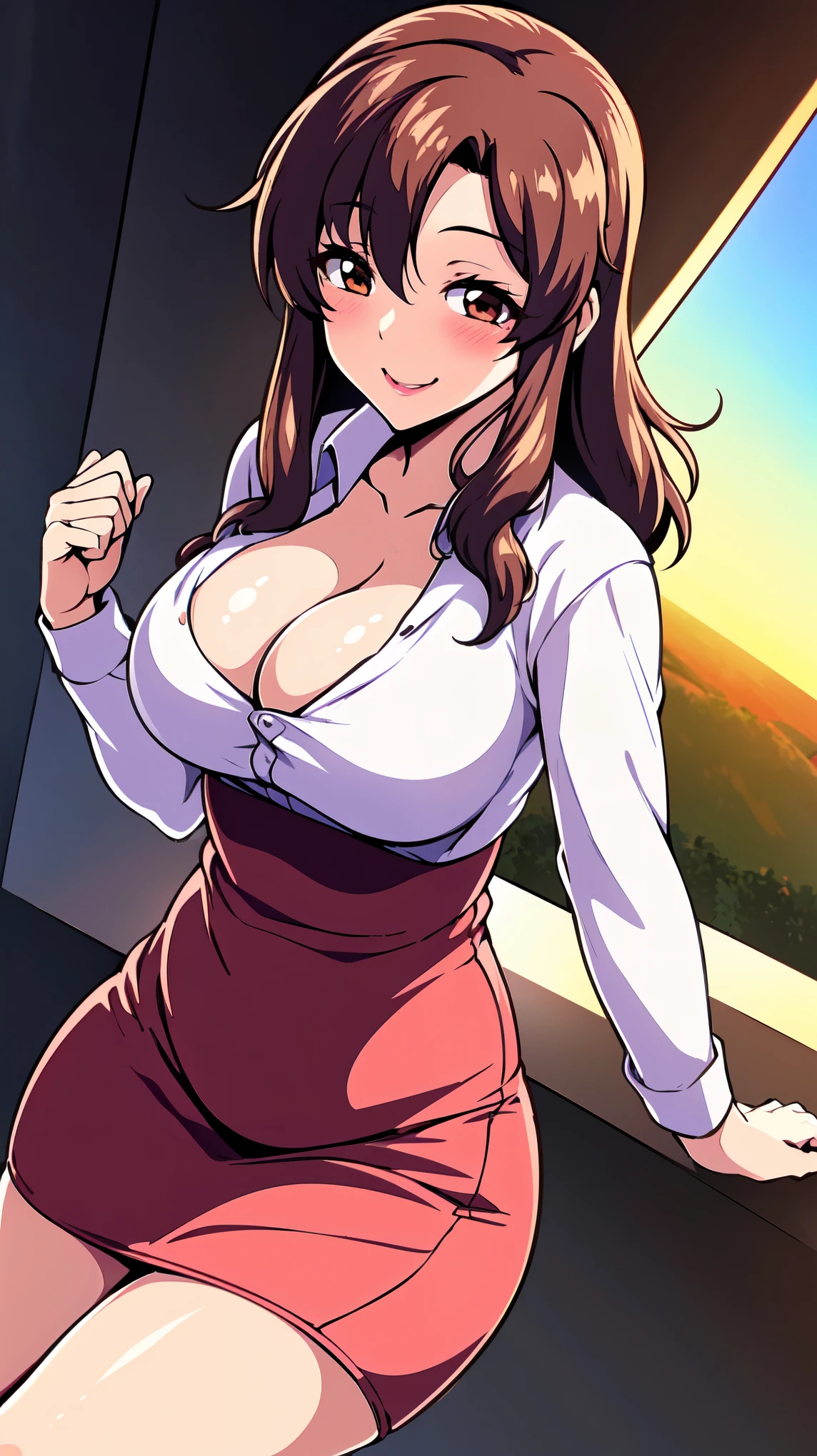 ((super high quality,Ultra-high resolution,16K,super masterpiece,Ultra HD ,Detailed shading,))Sunset entrance,One sexy mature woman,((Sexy pink dress shirt,popped Tight collar,))Long sleeve,Red Long Tight Skirt,Looking at the camera,Brown medium long hair,smile,blush,Thick lips,slouch,