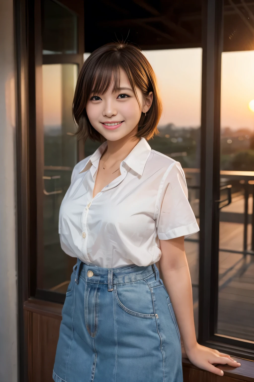 highest quality, masterpiece, Ultra-high resolution, (Reality: 1.4), Original photo, 1 woman, mature, happy smile, short hair, plump body, , Cinema Lighting, from below, ゆったりとしたライトブルーのシャツ, sunset, cowboy shot、High school girls after school,