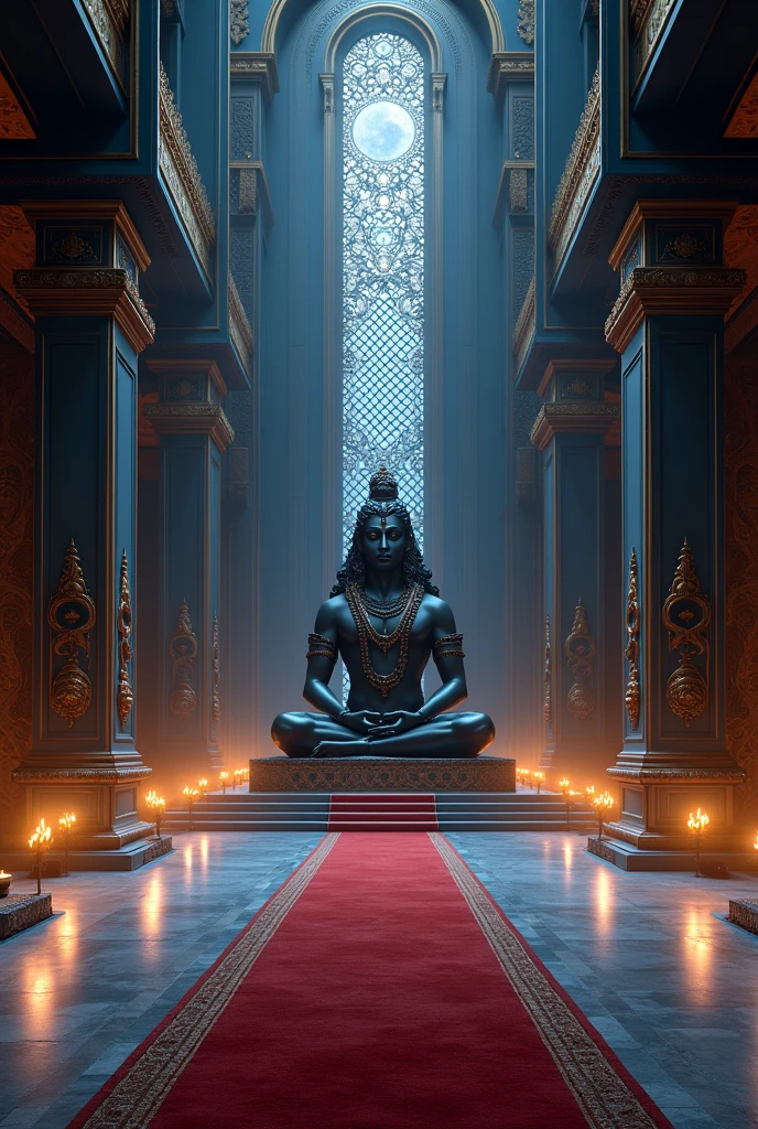 Naagmahal where floor is with grey carpet and area is much wide and in r front shiv ji ki murti black color ki or walls navy dark blue or unpe golden embroidry or side me windows jaali wali jisme se full moon light mahal me aa rahi ho or shiv ji ke aage red carpet or sides me diyas hone chaiye or entrence pe bhi side me diya hone chaiye or flowers bhi and uss mahel me side walls pe snakes and naagin ki pics honi chaiye and 2 pillars bhi
