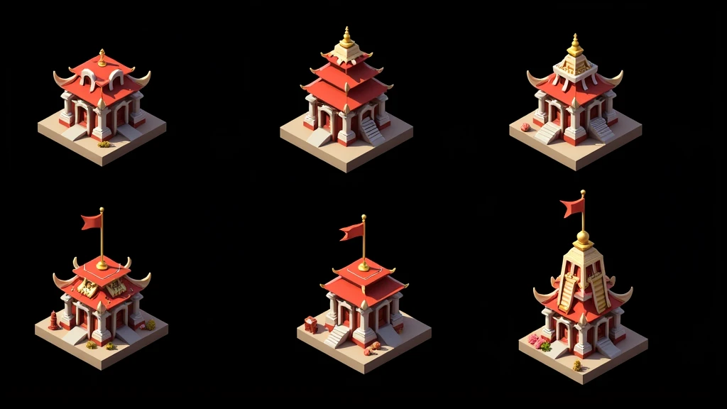a close up of several different temples, detailed temples, small temples, Temples and temple details, isometric temples, prerendered isometric graphics, stylized red element temples, game assets, isometric game feature, large temples, Isometric views, temple background, isometric game art, detailed temples, isometric view of a red element temple, 3D Renderings