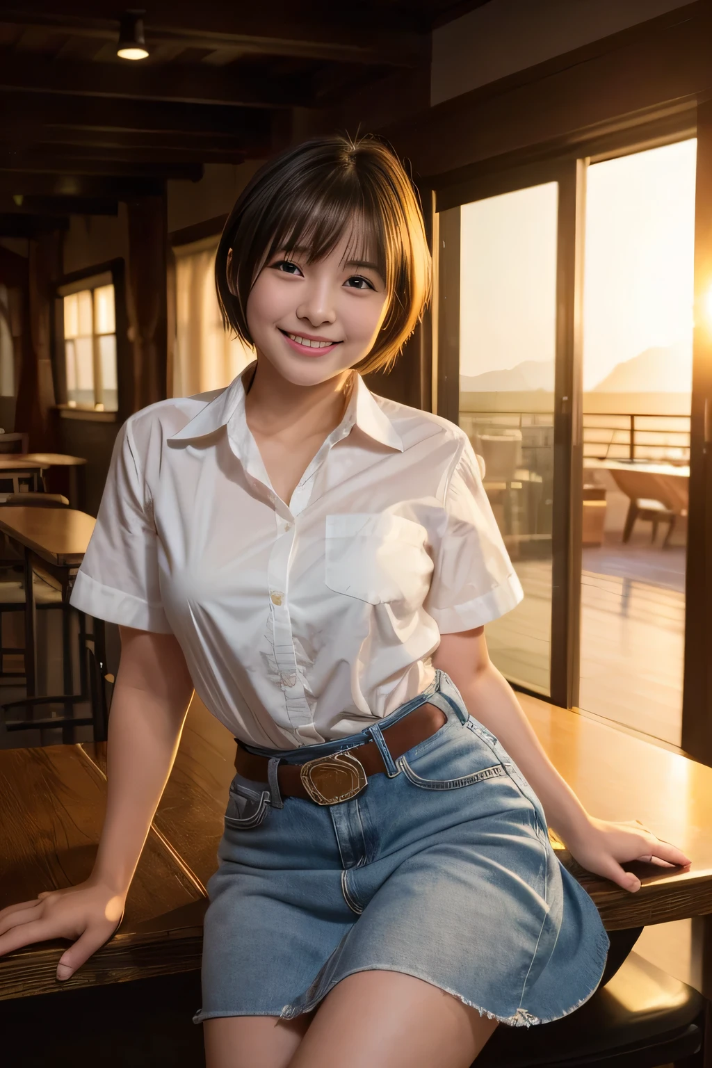 highest quality, masterpiece, Ultra-high resolution, (Reality: 1.4), Original photo, 1 woman, mature, happy smile, short hair, plump body, , Cinema Lighting, from below, ゆったりとしたライトブルーのシャツ, sunset, cowboy shot、High school girls after school,