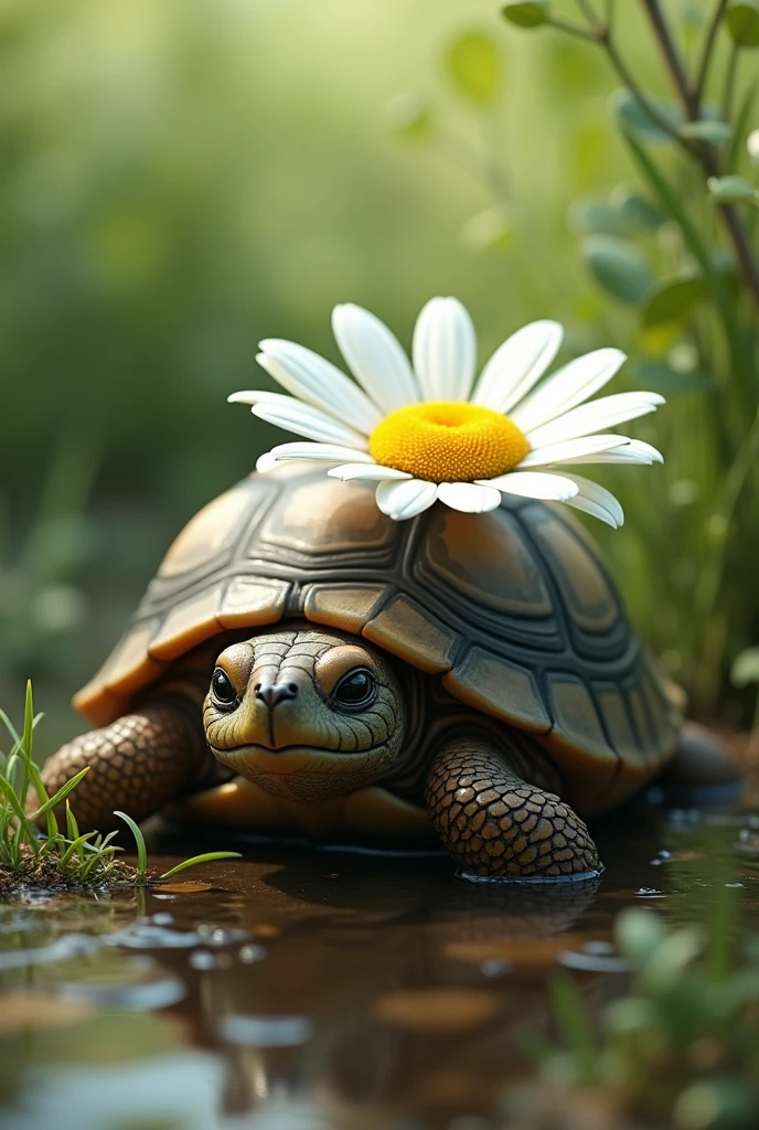 A turtle with a daisy flower
