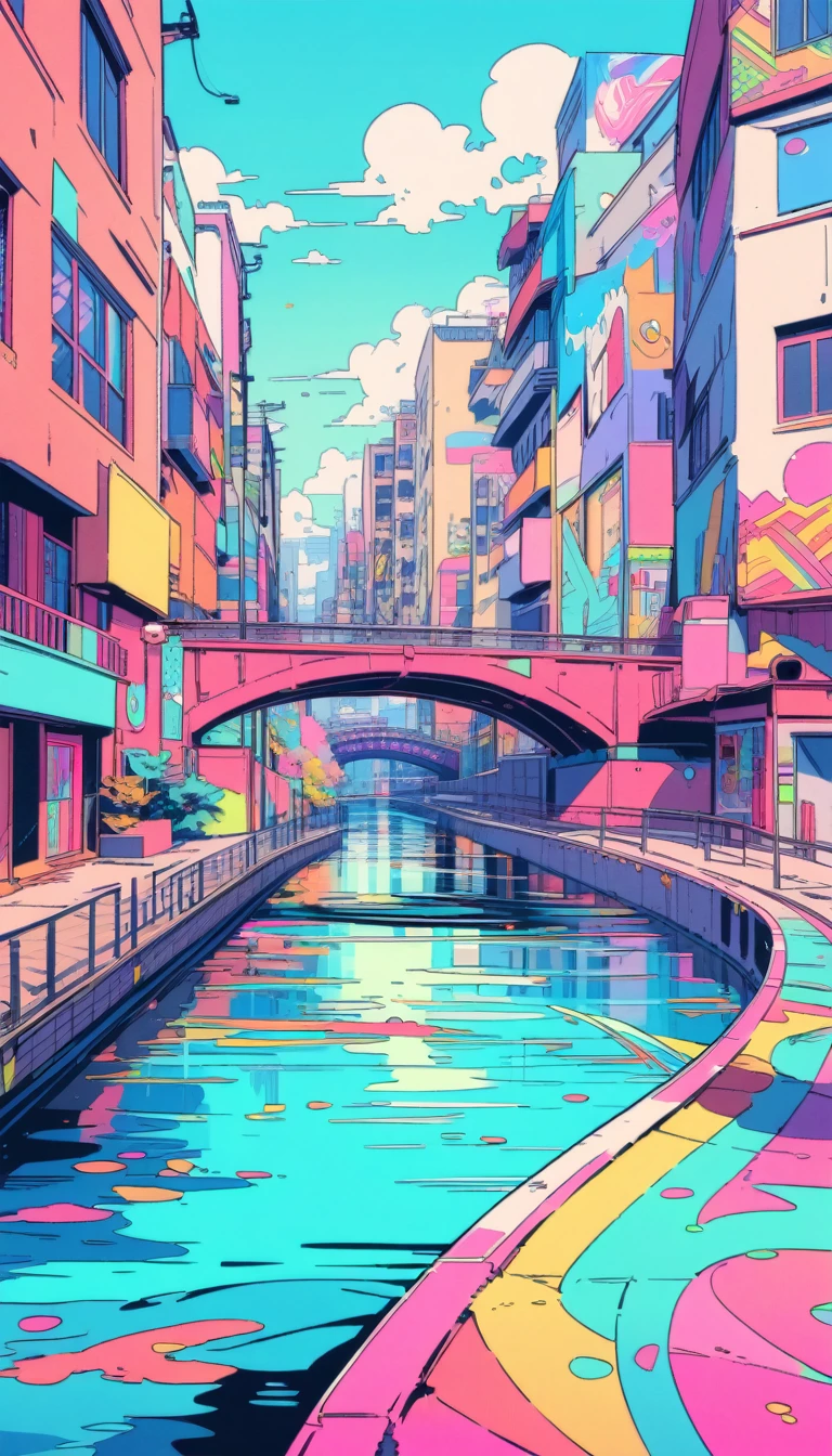 masterpiece, Highest quality, Beautiful attention to detail, Very detailed, In detail, High resolution, Perfect Anatomy, colorful, pastel colour, (One person:1.5), alone, (City pop illustrations), (City Pop Art), Simple Background, (City Pop Anime), (river, bridge), Kyoto Animation, 80's fashion,Anime, Neon pink and blue colors, scar, Stickers, Neon style full shot