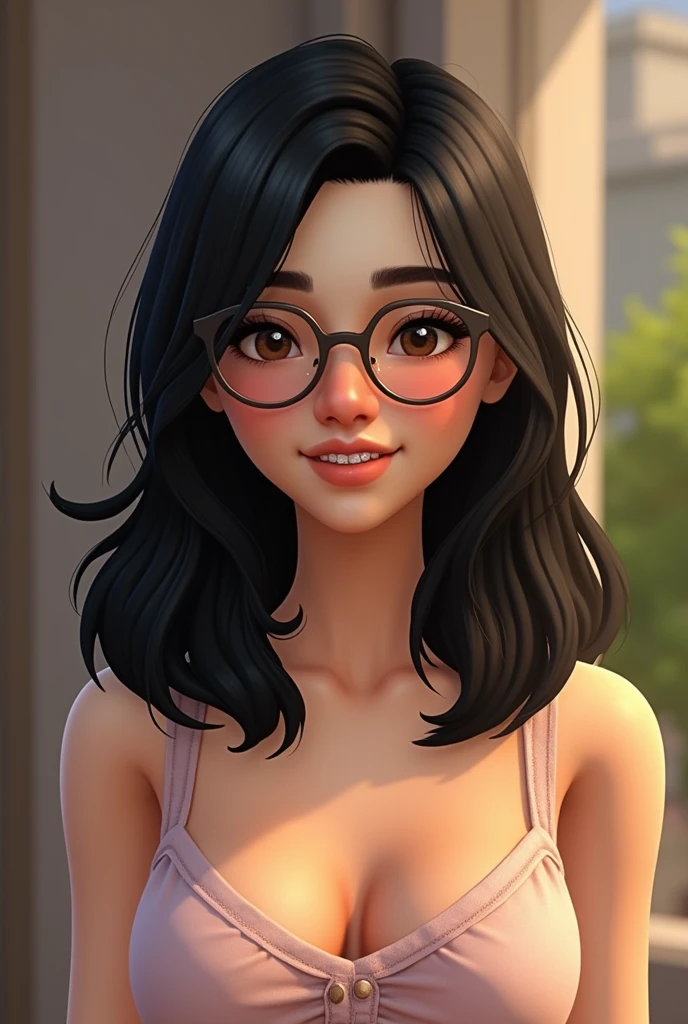 Create a Sims 4 character with my girlfriend's characteristics:
Woman Medium Hair, black and smooth Small nose Chin tucked in Wears braces on teeth Dark brown eyes Wears glasses