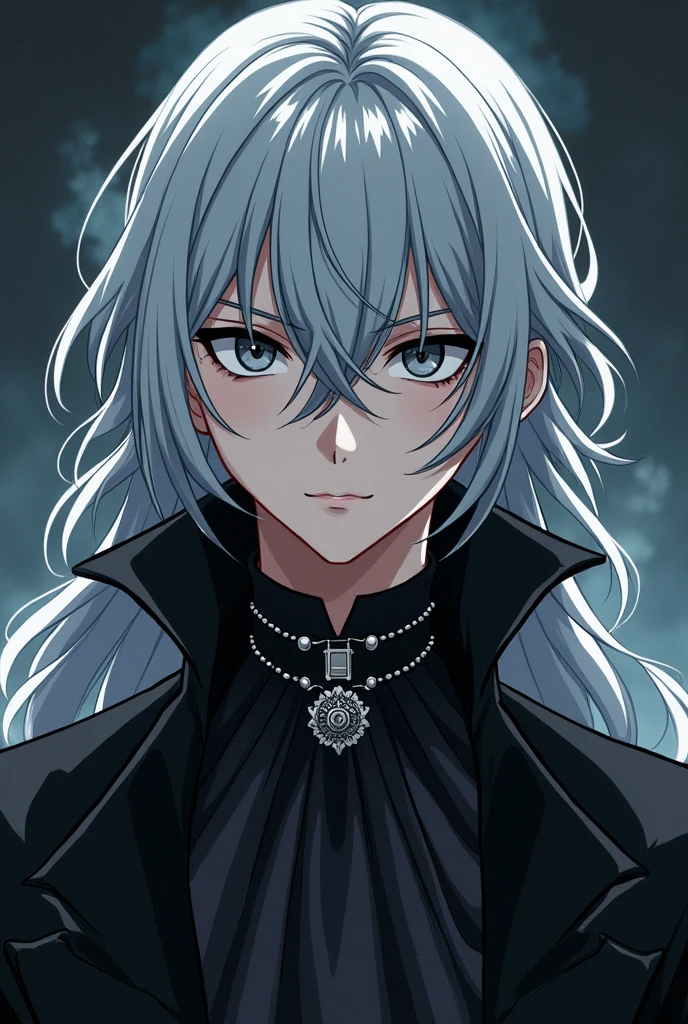 Portrait in a an anime style of the 90s of a young noble Alchemist man with dark gothic style and grey hair