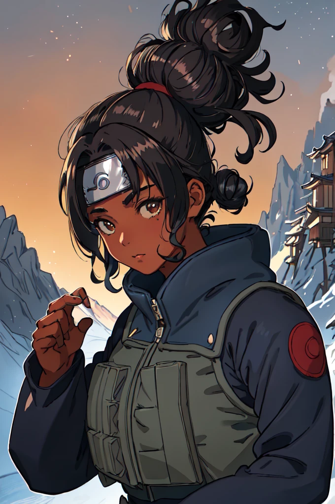 joninvest, heavy navy colored coat with fur, forehead protector, black headband, konohagakure, japanese village background, brown skin, black hair, messy bun, extremely curly hair, <lo (best quality, masterpiece, RAW photo,ultra-detailed:1.2), 1girl, solo, looking at viewer, action pose