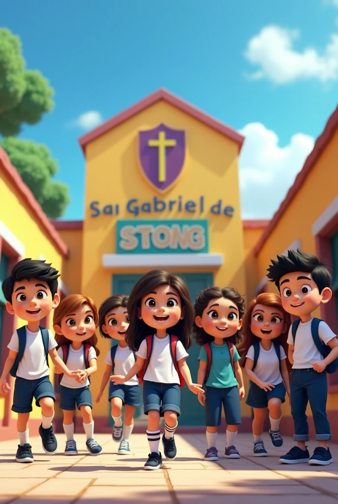 Animated students with the San Gabriel de Piura school badge
