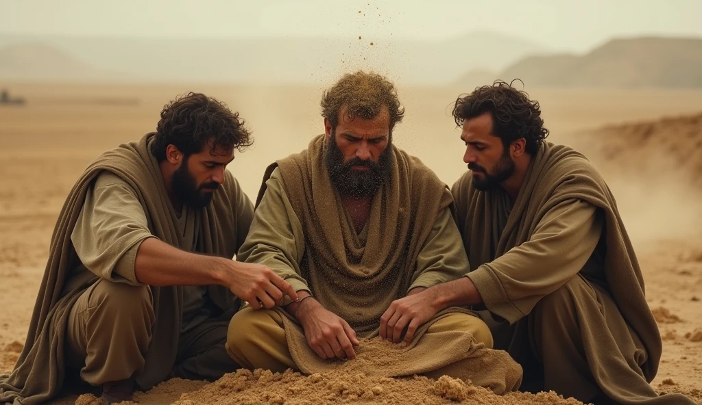 A solemn scene depicting three men crying out in grief. They are shown tearing their clothes and sprinkling dust over their heads in mourning. They then sit on the ground beside their friend, who is sitting in the center, deeply sorrowful. The background is a desolate landscape, emphasizing the weight of the moment. The men sit silently, sharing in their friend's suffering, their expressions filled with empathy and sorrow, reflecting the deep connection and support they offer during this time of intense mourning. jjo esta ao fundo da imagem sefocado