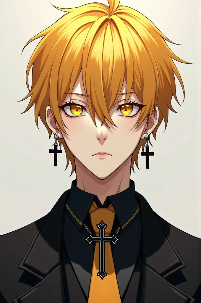 An anime style man with yellow hair and orange hunter eyes and pale skin color and tall with a formal outfit with black cross earrings and a cross necklace