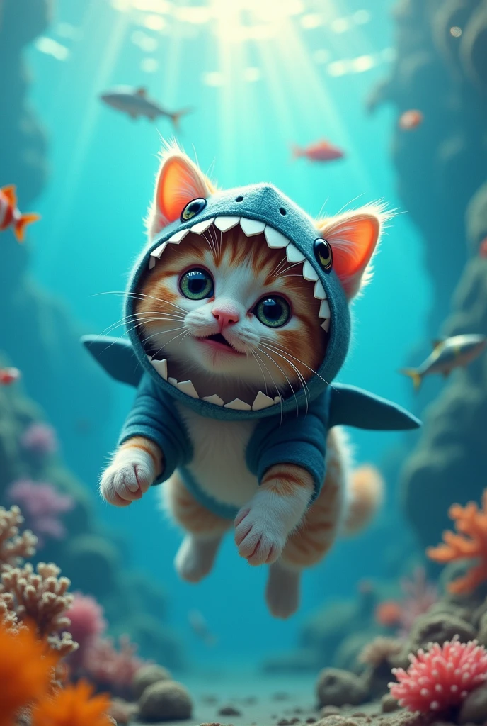 A cute cat underwater with a shark costume