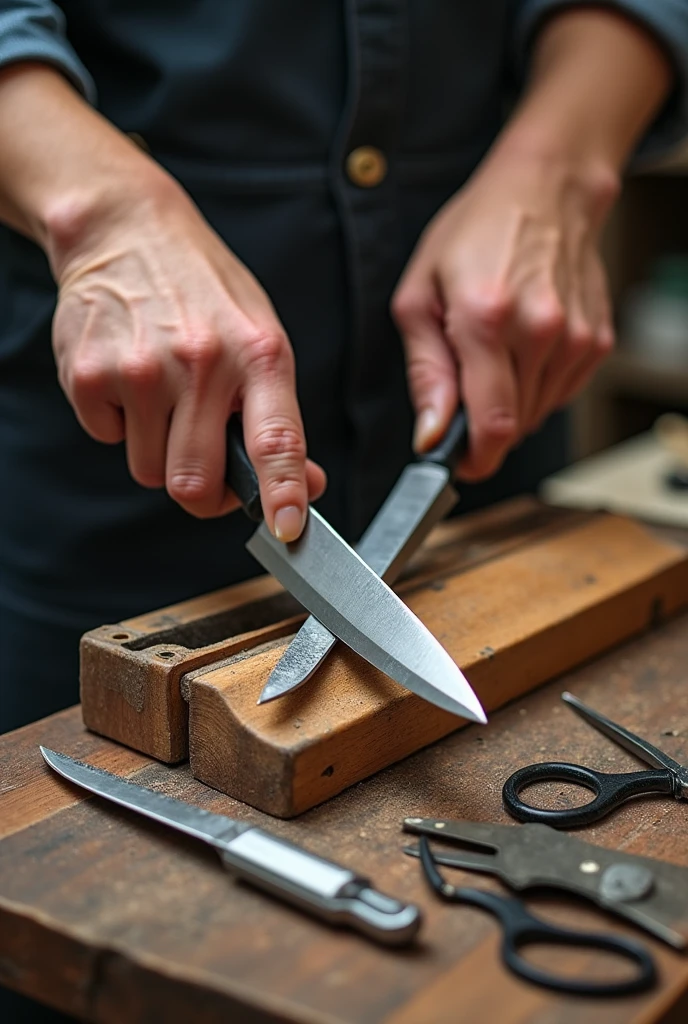 create a knife and scissors sharpening image for a business card, realisitic, knives and scissors sharpening, knife and scissors sharpener emery