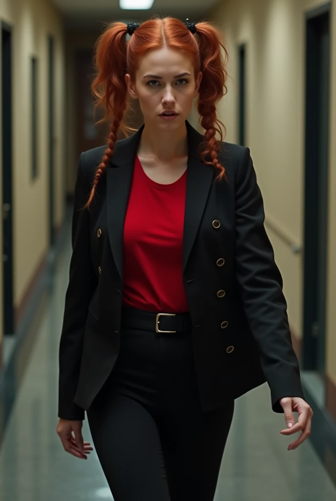 red-haired woman,com penteado pigtails,with black and red clothes,fully body,background walking,looking forward in anger,black cuto