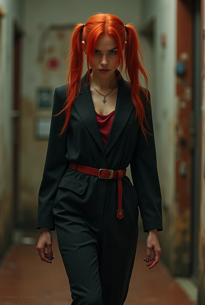 red-haired woman,com penteado pigtails,with black and red clothes,fully body,background walking,looking forward in anger,black cuto