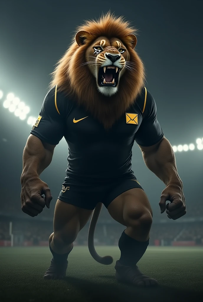 A great lion, very strong, standing as if he were human, stark, Jumpy face, snarling, showing teeth, Jumpy, around one of the lions'the eyes a white star is tattooed. The lion wears a black and gold shirt and on the right chest a gold envelope logo with a black outline.. Background of a football field at night , Void, grimdark.