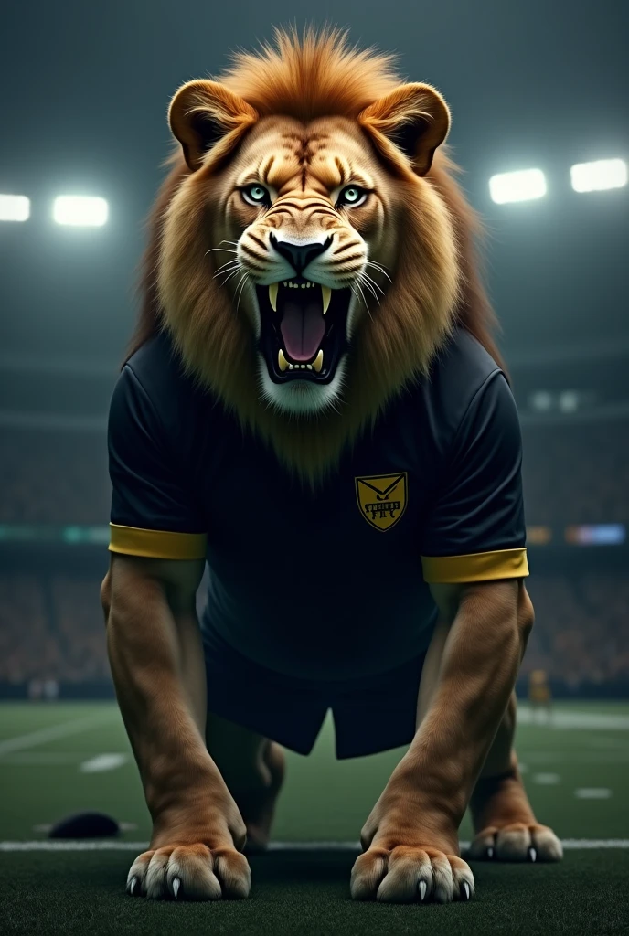 A great lion, very strong, standing as if he were human, stark, Jumpy face, snarling, showing teeth, Jumpy, around one of the lions'the eyes a white star is tattooed. The lion wears a black and gold shirt and on the right chest a gold envelope logo with a black outline.. Background of a football field at night , Void, grimdark.