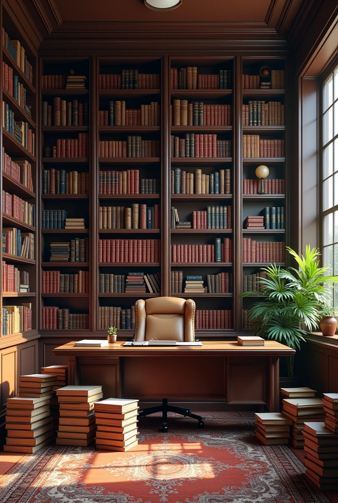 Captures the image of a library, full wall, five-bar high, completely lined with books of different formats that covers the four walls of a living room. A desk with an executive chair and an open laptop on the desk table is seen.; and on the floor, columns of books piled high . All of the above, a full color.