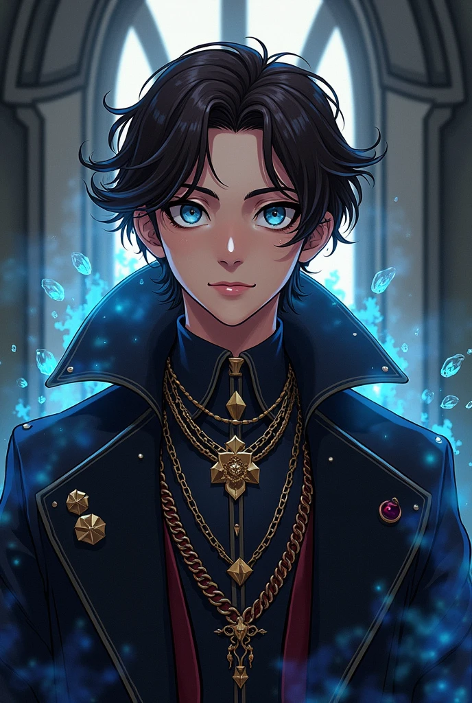 Portrait in a an anime style of the 90s of a young noble Alchemist man with dark gothic style and brown hair with a beard 