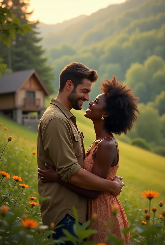 Couple in love white man is black woman they are in nature their house is in the background