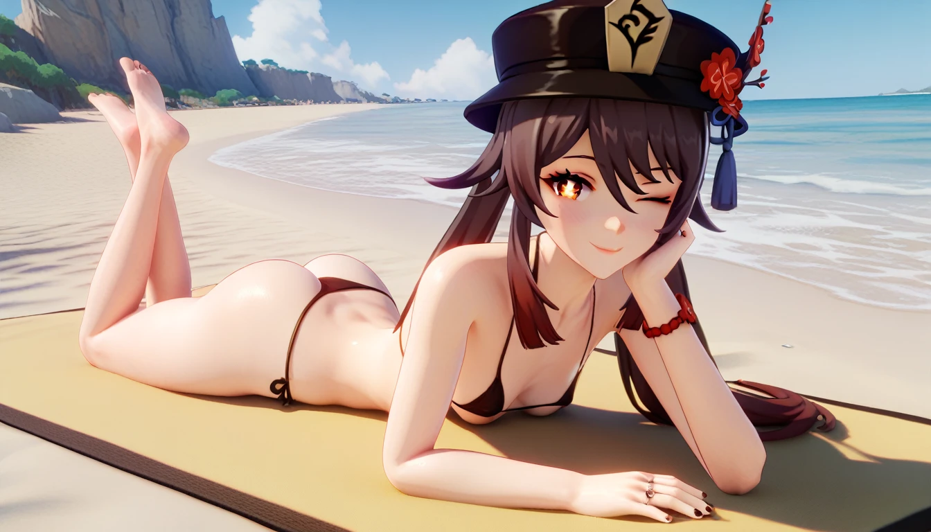 Hu Tao  Genshin Impact game style, 3D,on beach,small micro bikini,resting on stomach,horny,looking at viewer,winking,smiling 