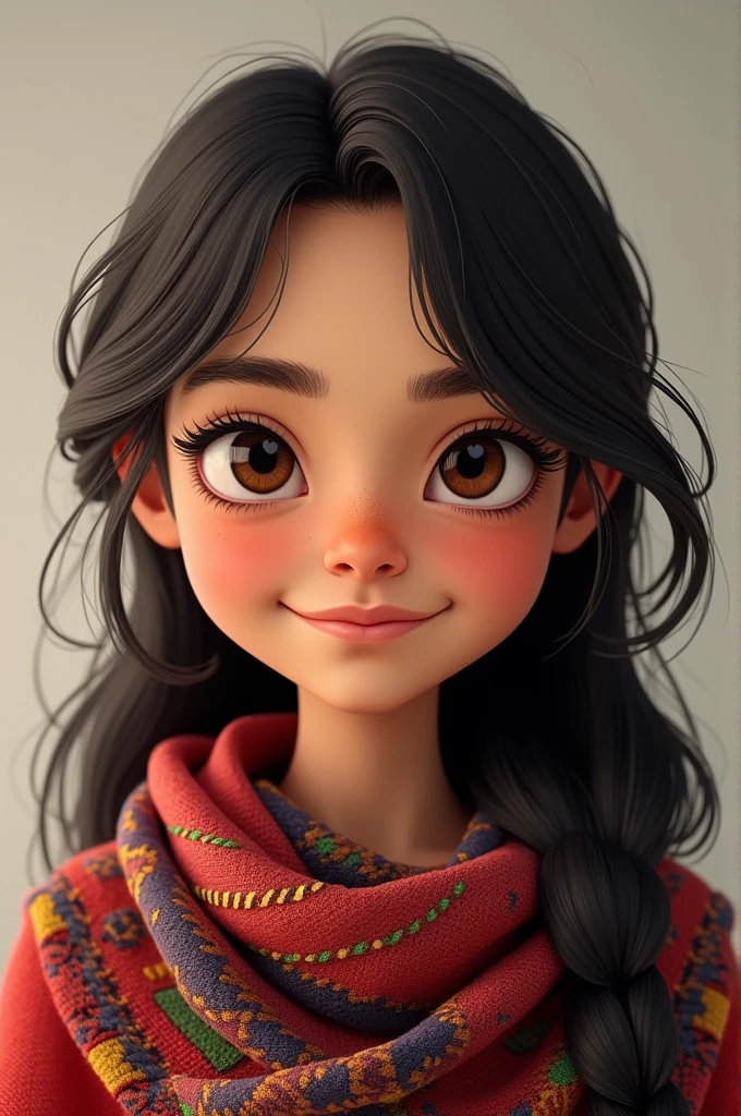 A portrait of a young Franco-Bolivian girl facing the camera. She has a mix of European and Indigenous Andean features, with deep brown eyes, long dark brown hair, and a warm, slightly tanned complexion. She wears a traditional Bolivian woven shawl with vibrant patterns, blending modern and traditional elements. Her expression is calm and confident, with a slight smile. The background is a soft, neutral color, allowing her face and attire to stand out, capturing the blend of her rich cultural heritage."

This description will highlight her mixed heritage and cultural background