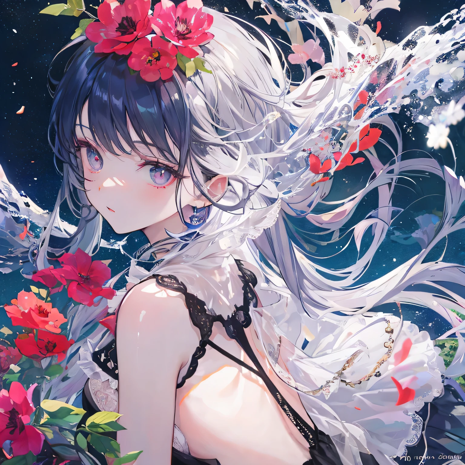 Beautiful woman, cute, A dignified expression, Transparency, gem, long hair, lingerie, Black Hair, Blue Hair, Silver Hair, fruits, flower,Cool, Starry Sky, The wind is blowing, Gradient Hair, First Person View, Ray Tracing, reflected light, Anime Style, masterpiece, Highest quality, Anatomically correct, Accurate, Super Detail, UHigh resolution, High resolution, Pink Lips, A slender, feminine face, White skin