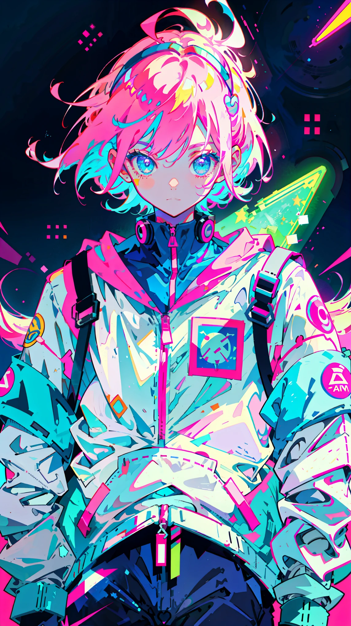 Anime, Dressed as an astronaut, Neon pink and blue colors, scar, Stickers, Neon style full shot