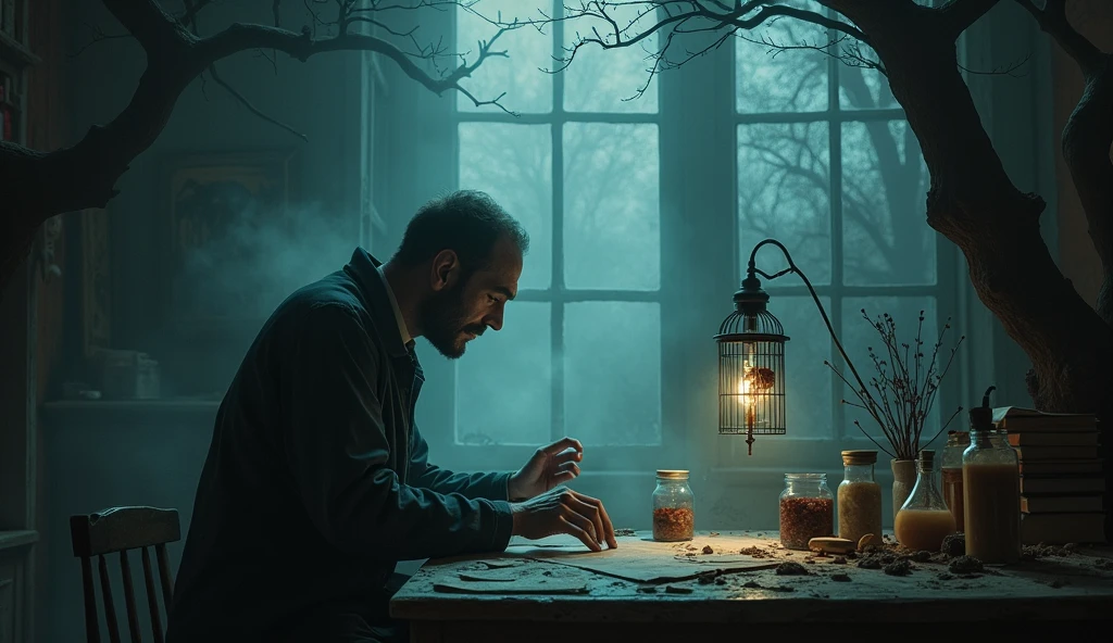 make an illustration about a legend that tells the story of a doctor who performs dark experiments in his own home, place elements that give the image a dark mood, fog and similar elements, ultra-realistic and detailed
