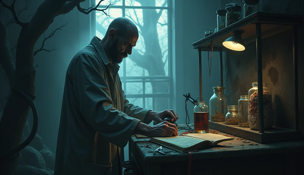 make an illustration about a legend that tells the story of a doctor who performs dark experiments in his own home, place elements that give the image a dark mood, fog and similar elements, ultra-realistic and detailed
