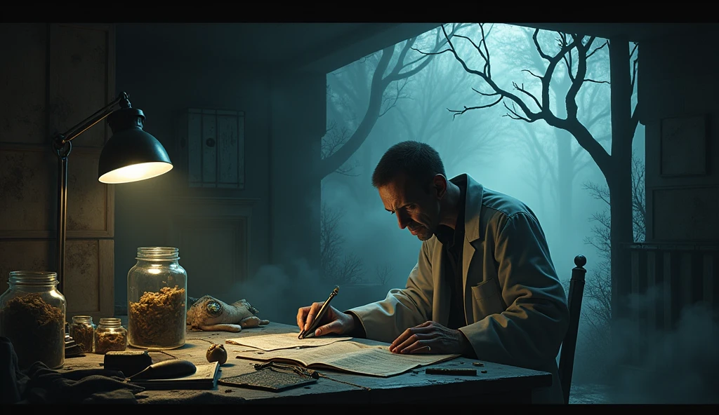 make an illustration about a legend that tells the story of a doctor who performs dark experiments in his own home, place elements that give the image a dark mood, fog and similar elements, ultra-realistic and detailed
