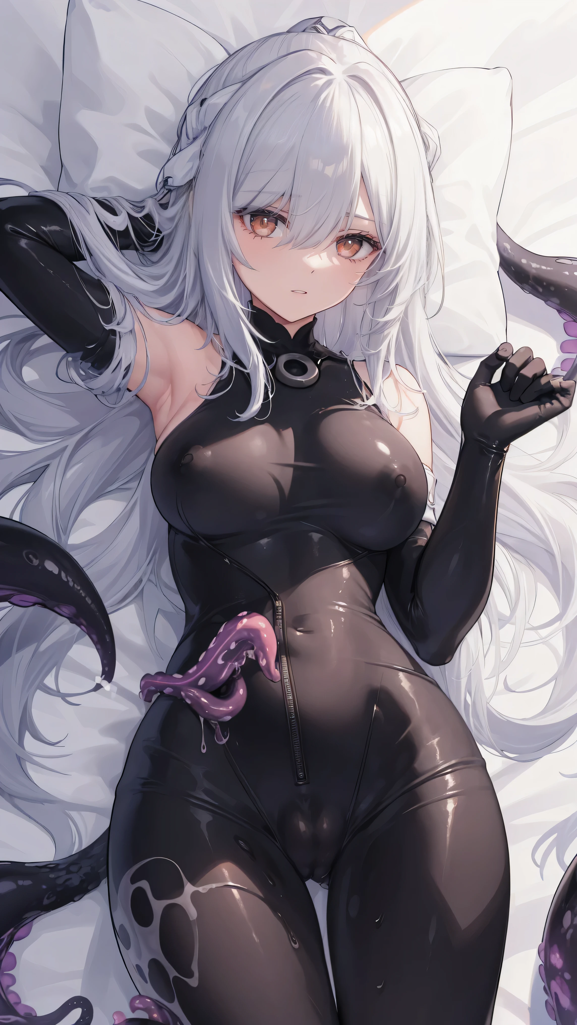 Best quality ultra detailed high resolution unity 8k wallpapers detailed perfect anatomy (((a girl,Black penis)))(((huge,testicles)))(penis bind tentacle)　horny nsfw ((lewd)) Large Breasts ((tentacles rubber suit)) White slime mattress dakimakura (tentacles penis more precum)