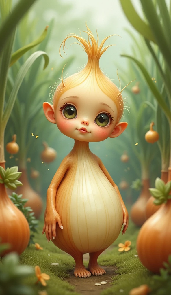 A fairy tale character based on an onion .Cute, full lips, velike kulate oci ,
